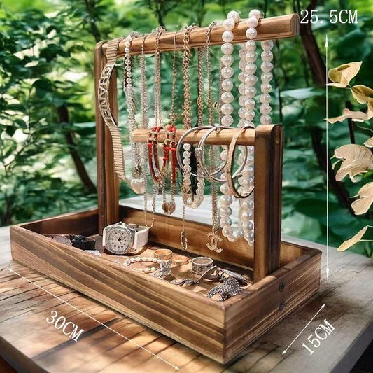 Solid Wood Jewelry Organizer Stand – Desktop Storage Box for Bracelets, Watches, and Necklaces