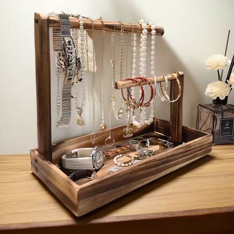 Solid Wood Jewelry Organizer Stand – Desktop Storage Box for Bracelets, Watches, and Necklaces