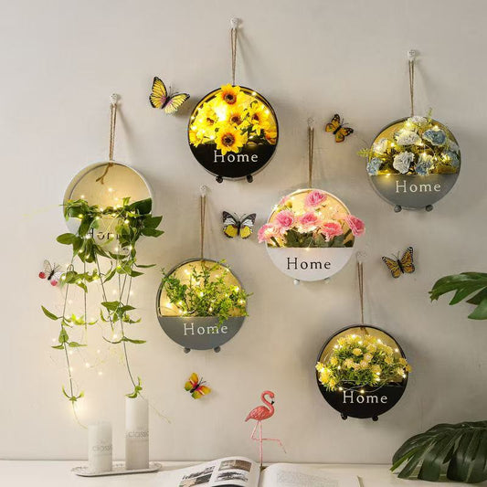 Modern Wall Hanging Flower Pot with LED Fairy Lights — Decorative Wall Planter for Living Room, Bedroom, or Hallway (Artificial Plants & Flowers Included)