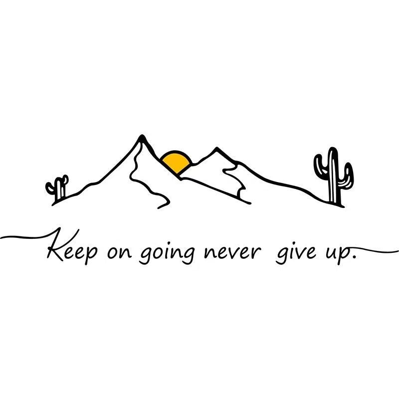 Inspirational Wall Quote Sticker — “Keep on Going, Never Give Up” Mountain & Sunrise Design for Living Room, Bedroom, or Office Wall Décor