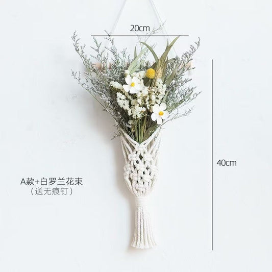 Boho Dried Flower Wall Hanging — Handmade Macrame Floral Décor with Cotton and Pine Cones for Bedroom, Living Room, or Café Wall Decoration (Includes No-Trace Hook)