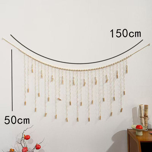 Boho Photo Hanging Display — Rustic Jute Rope Wall Décor with Wooden Beads and Clips for Photos, Polaroids, or Notes (DIY Wall Art Decoration)