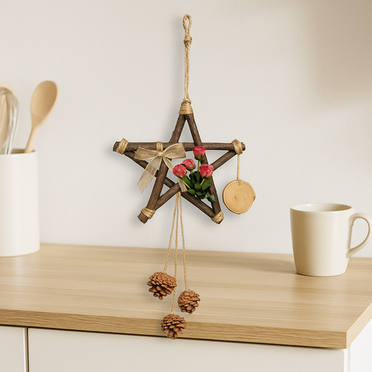 Rustic Star-Shaped Pinecone Wall Hanging – Handmade Decorative Ornament with Flowers & Wooden Accents