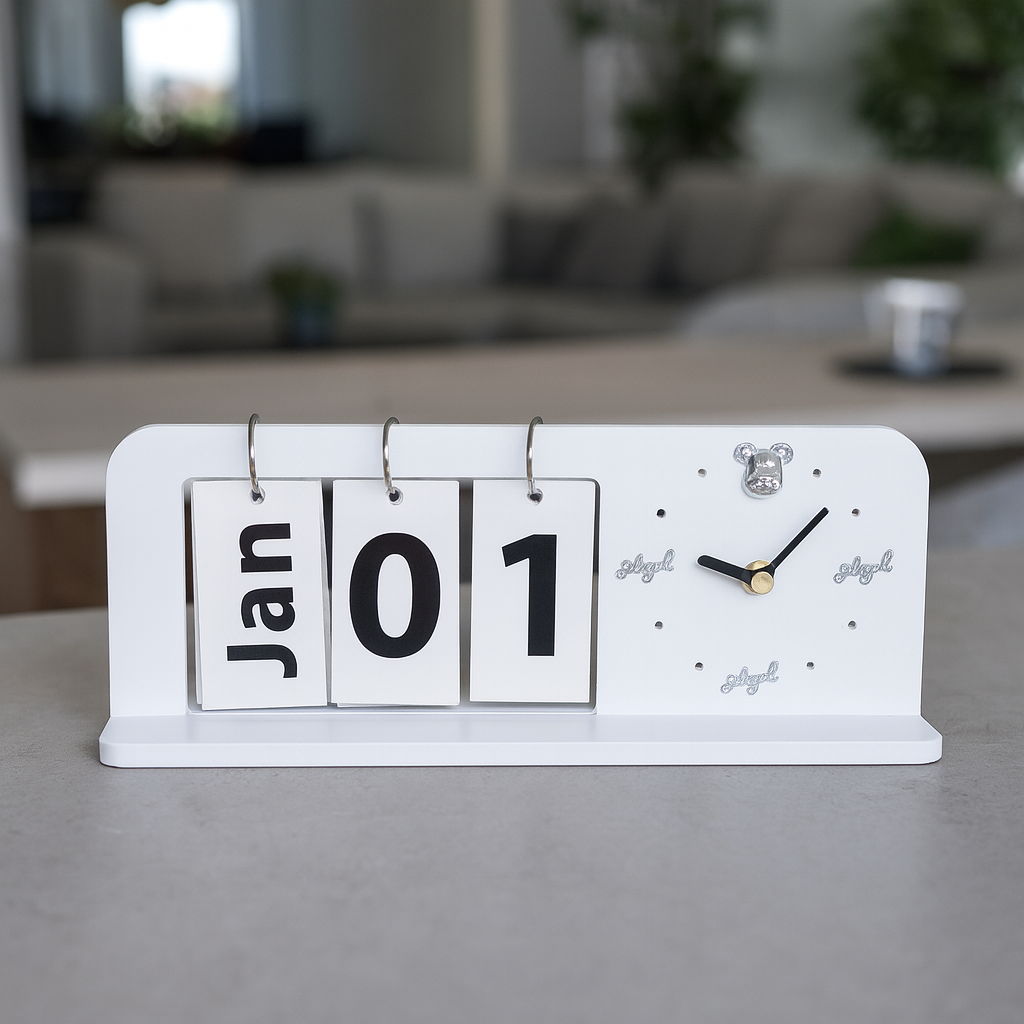 Minimalist Perpetual Flip Calendar with Analog Clock – Modern Desk & Home Decor