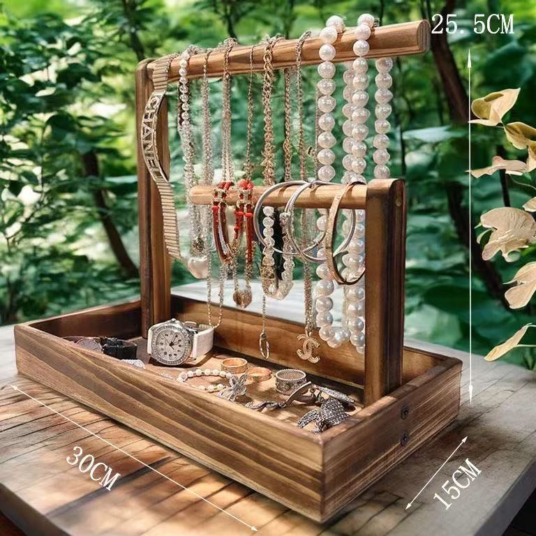 Solid Wood Jewelry Organizer Stand – Desktop Storage Box for Bracelets, Watches, and Necklaces