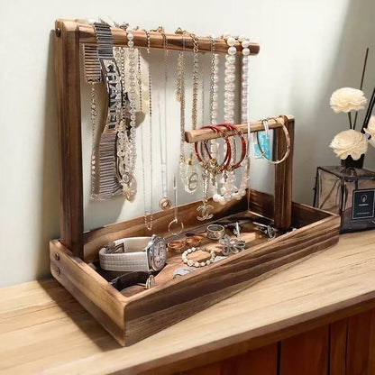 Solid Wood Jewelry Organizer Stand – Desktop Storage Box for Bracelets, Watches, and Necklaces
