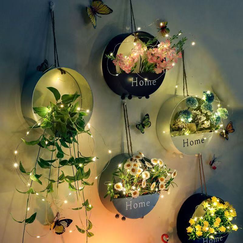 Modern Wall Hanging Flower Pot with LED Fairy Lights — Decorative Wall Planter for Living Room, Bedroom, or Hallway (Artificial Plants & Flowers Included)
