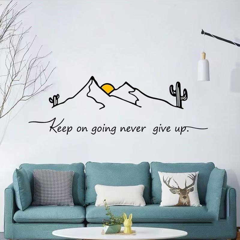 Inspirational Wall Quote Sticker — “Keep on Going, Never Give Up” Mountain & Sunrise Design for Living Room, Bedroom, or Office Wall Décor