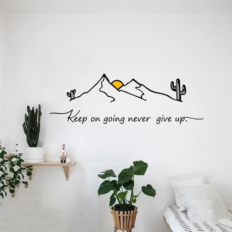 Inspirational Wall Quote Sticker — “Keep on Going, Never Give Up” Mountain & Sunrise Design for Living Room, Bedroom, or Office Wall Décor