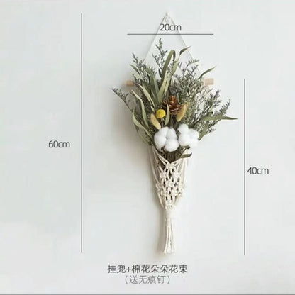 Boho Dried Flower Wall Hanging — Handmade Macrame Floral Décor with Cotton and Pine Cones for Bedroom, Living Room, or Café Wall Decoration (Includes No-Trace Hook)