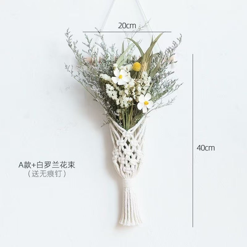 Boho Dried Flower Wall Hanging — Handmade Macrame Floral Décor with Cotton and Pine Cones for Bedroom, Living Room, or Café Wall Decoration (Includes No-Trace Hook)