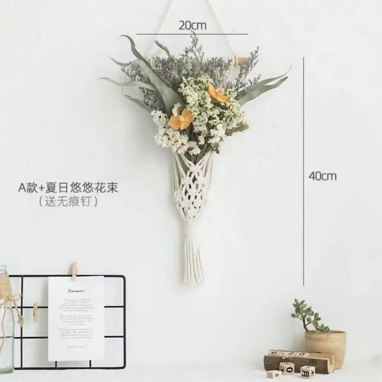 Boho Dried Flower Wall Hanging — Handmade Macrame Floral Décor with Cotton and Pine Cones for Bedroom, Living Room, or Café Wall Decoration (Includes No-Trace Hook)