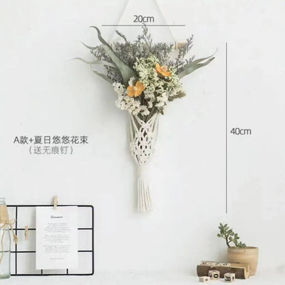 Boho Dried Flower Wall Hanging — Handmade Macrame Floral Décor with Cotton and Pine Cones for Bedroom, Living Room, or Café Wall Decoration (Includes No-Trace Hook)