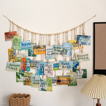 Boho Photo Hanging Display — Rustic Jute Rope Wall Décor with Wooden Beads and Clips for Photos, Polaroids, or Notes (DIY Wall Art Decoration)