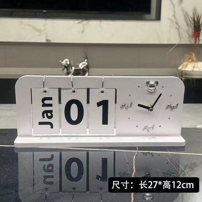 Minimalist Perpetual Flip Calendar with Analog Clock – Modern Desk & Home Decor