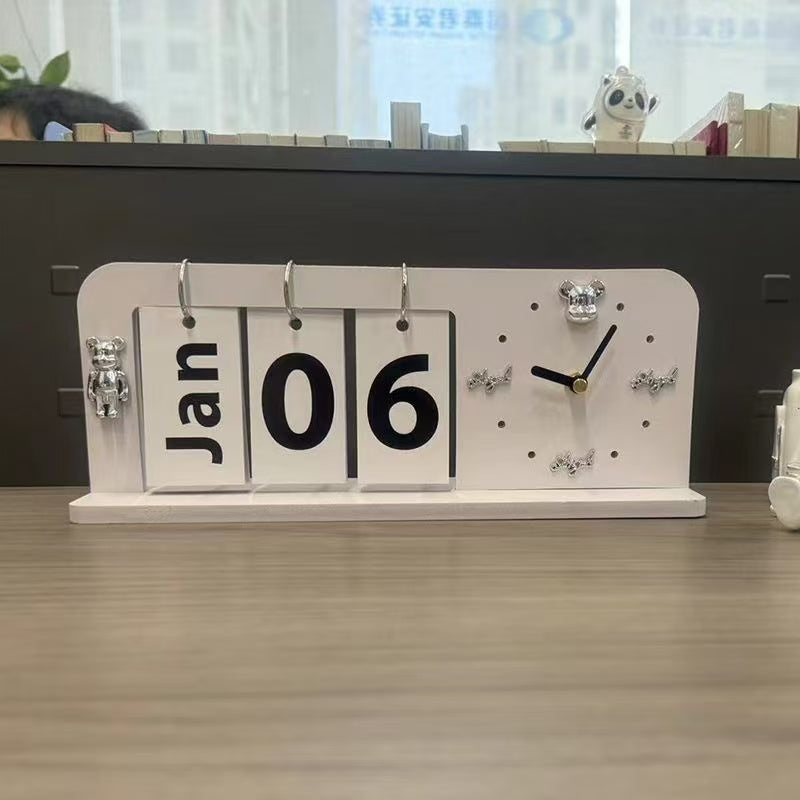 Minimalist Perpetual Flip Calendar with Analog Clock – Modern Desk & Home Decor