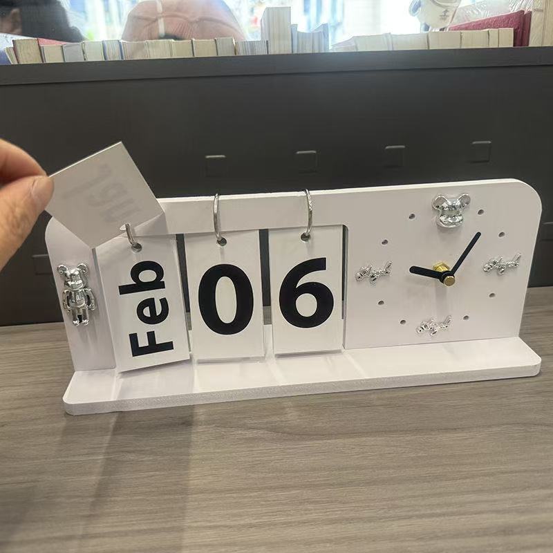 Minimalist Perpetual Flip Calendar with Analog Clock – Modern Desk & Home Decor