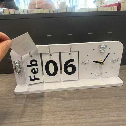 Minimalist Perpetual Flip Calendar with Analog Clock – Modern Desk & Home Decor