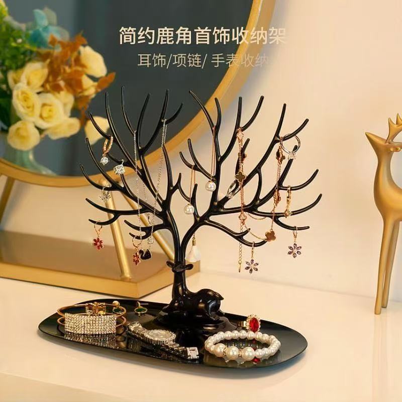 Deer Antler Jewelry Stand – Elegant Organizer for Earrings, Necklaces & Rings with Tray Base