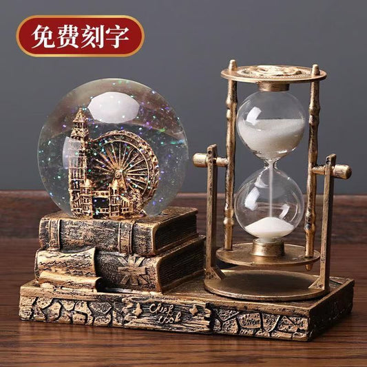 Vintage Ferris Wheel Hourglass Ornament with LED Light – Retro Crystal Globe Art Decor for Home or Office